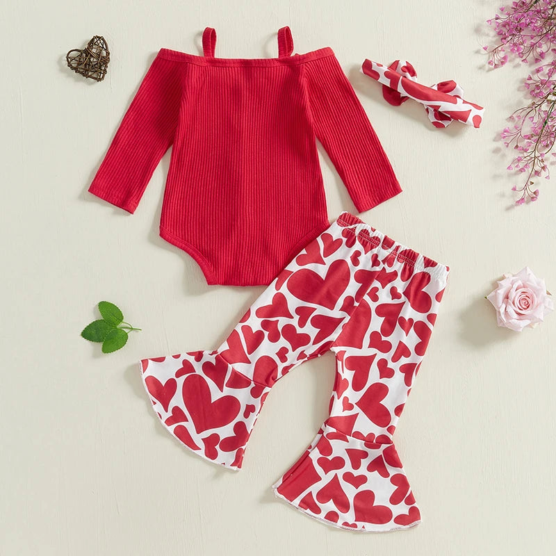 Baby Girl Fall Outfit – 3-Piece Romper, Flared Pants & Headband Set