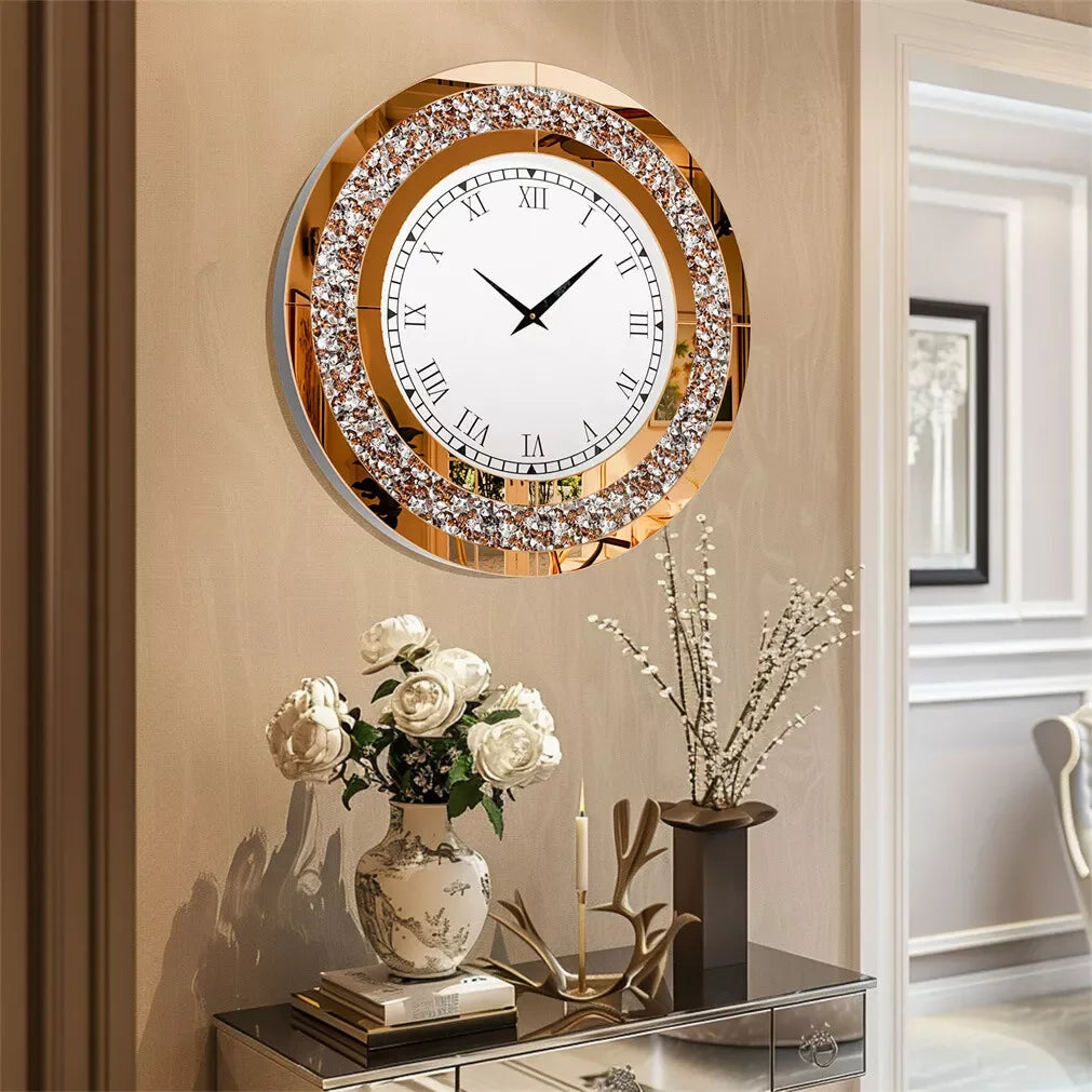 Modern Diamond Crystal Wall Clock Roman Numerals Silent Movement