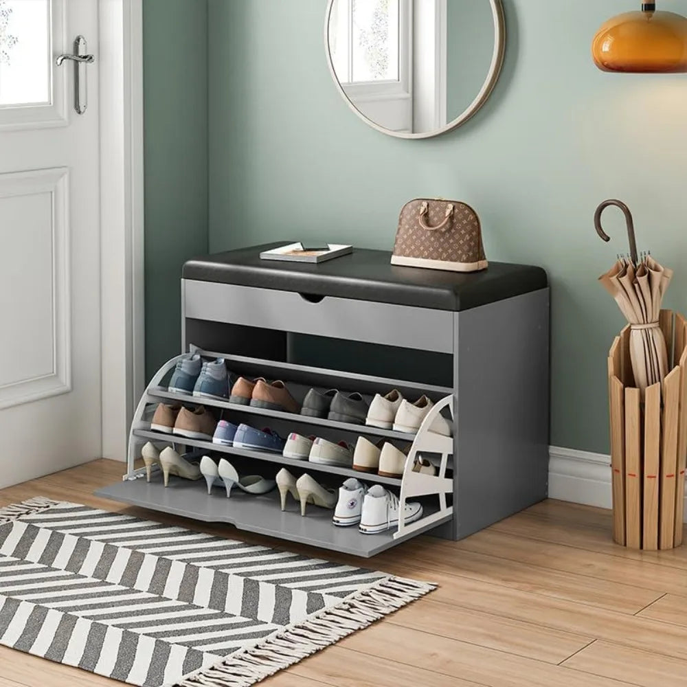 Rustic Wooden Shoe Storage Bench with Flip-Up Shelves and Cushion