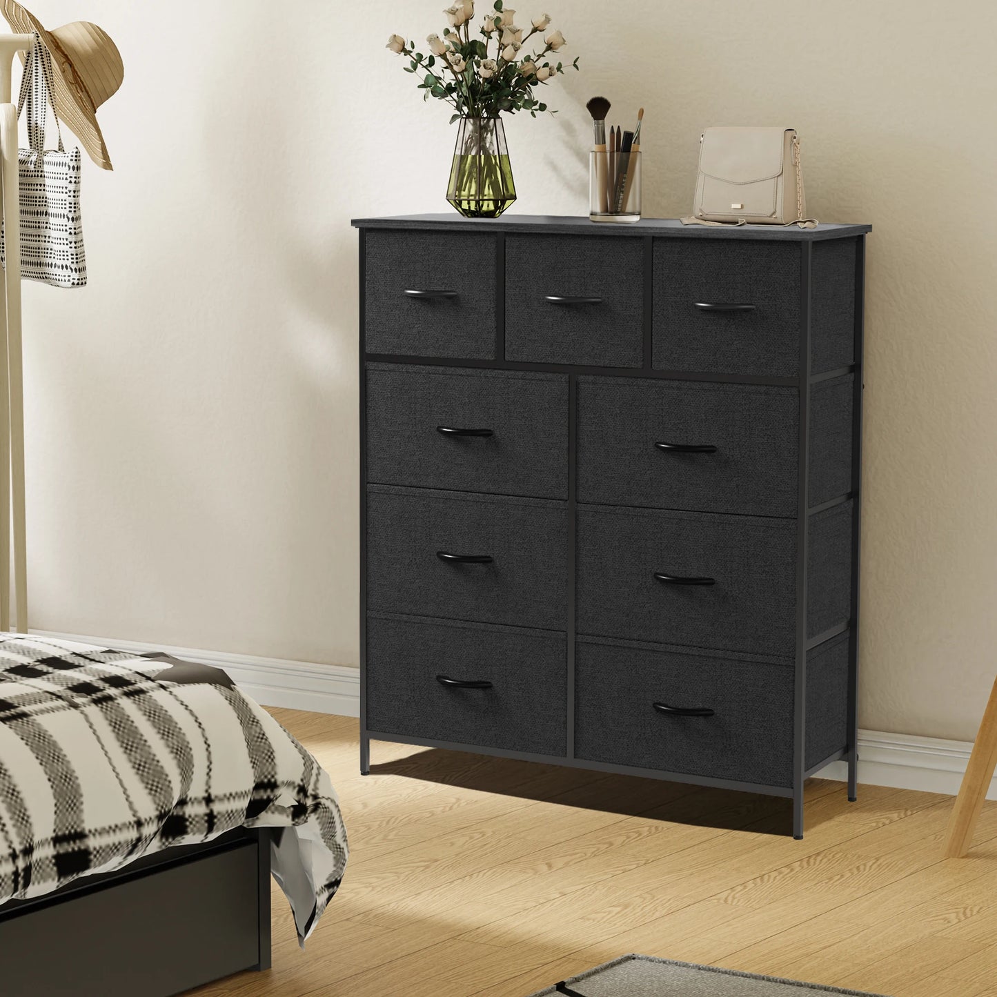9 Drawer Fabric Dresser with Wood Top and Metal Frame
