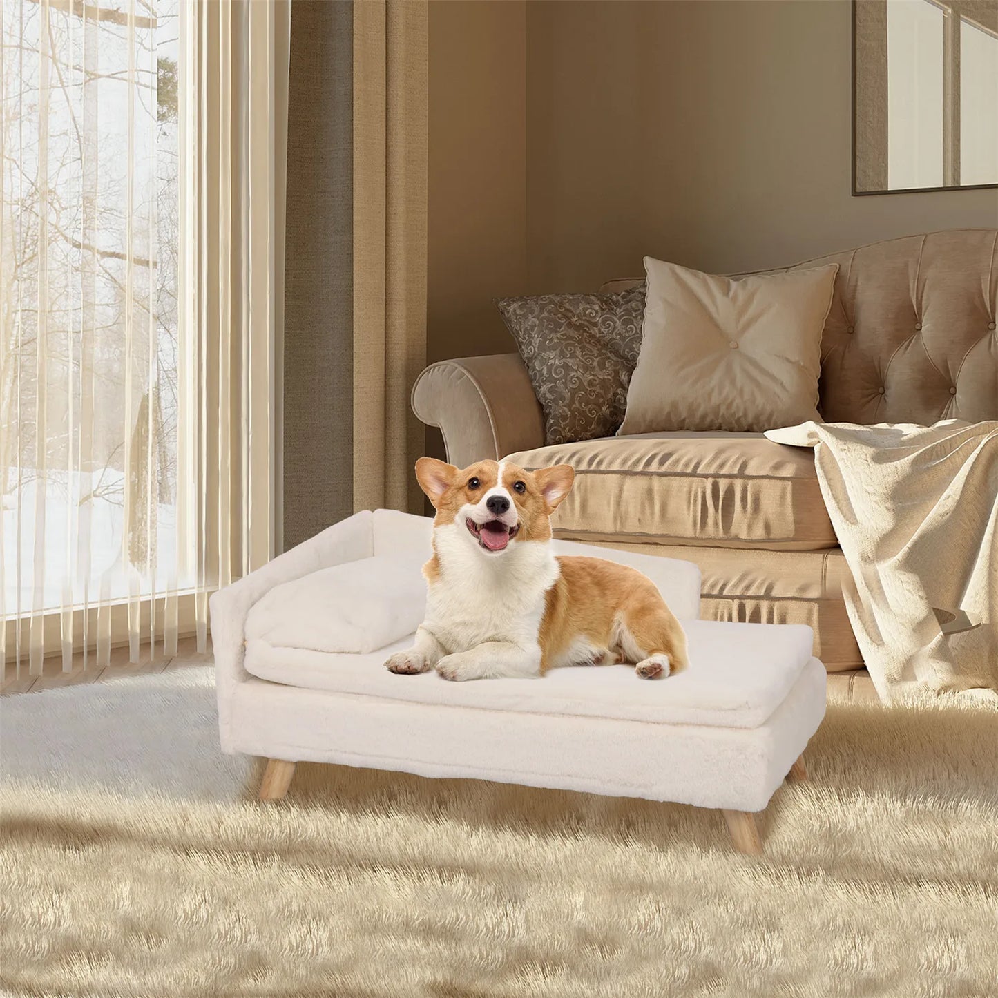 L-Shaped Dog Sofa Bed with Plush Cushion & Wooden Frame