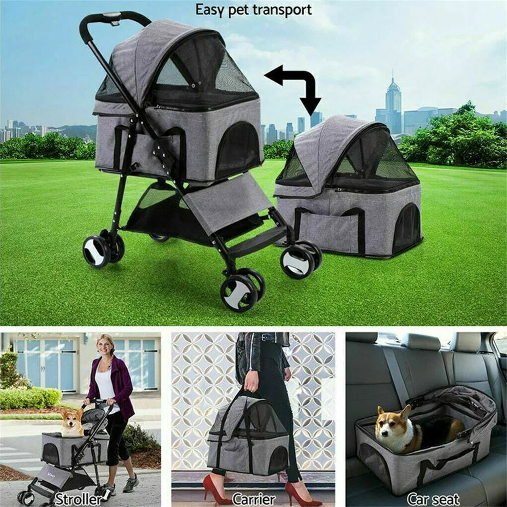 Foldable Pet Stroller for Small Dogs & Cats – 360° Wheels & Detachable Carrier