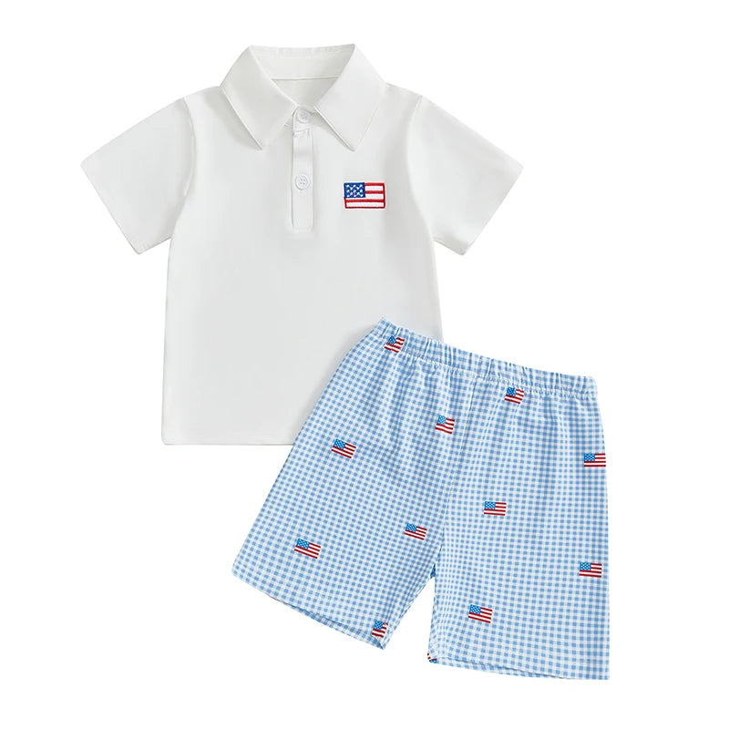 Toddler 4th of July Lapel Shirt and Plaid Shorts Set