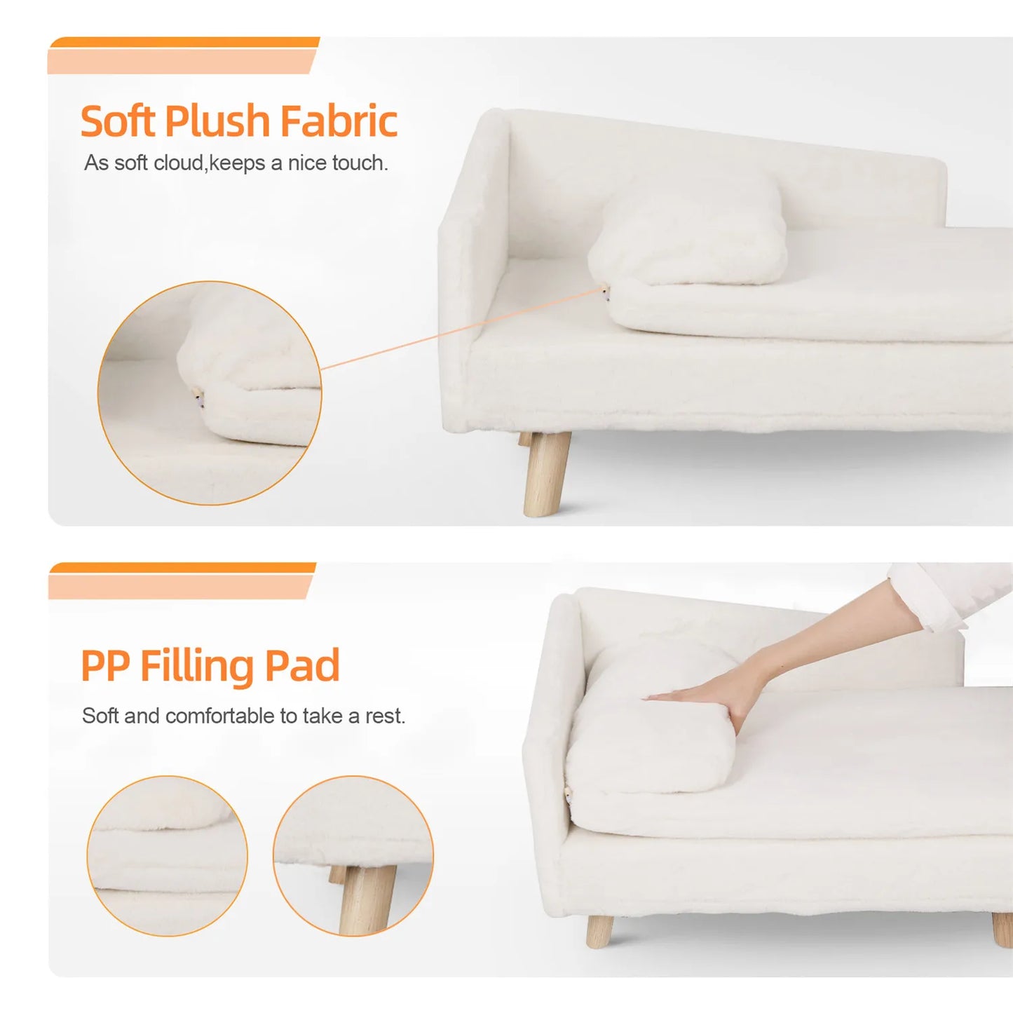 L-Shaped Dog Sofa Bed with Plush Cushion & Wooden Frame