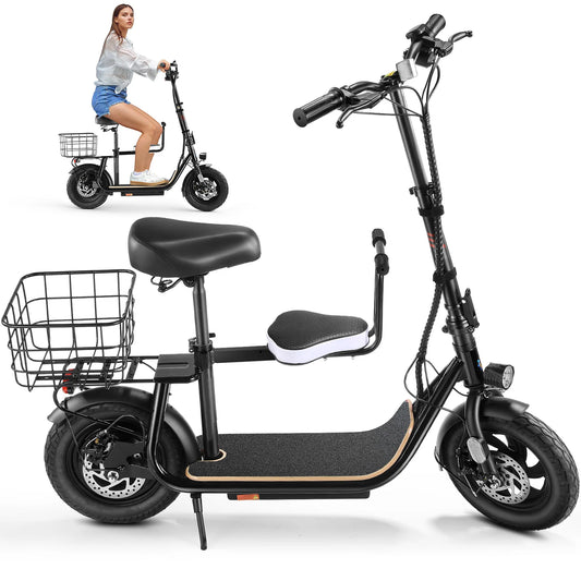 Foldable Electric Scooter with Child Seat and Rear Basket