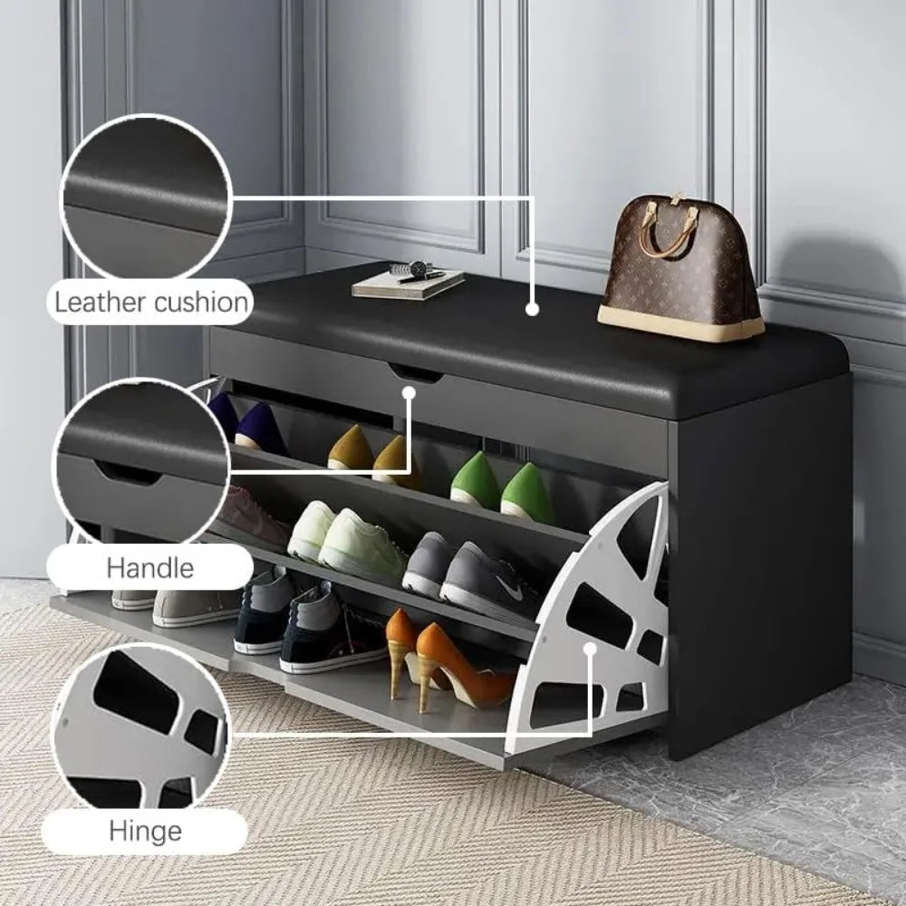 Rustic Wooden Shoe Storage Bench with Flip-Up Shelves and Cushion