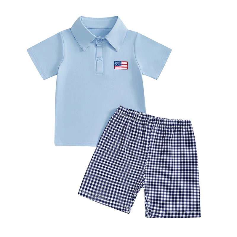 Toddler 4th of July Lapel Shirt and Plaid Shorts Set