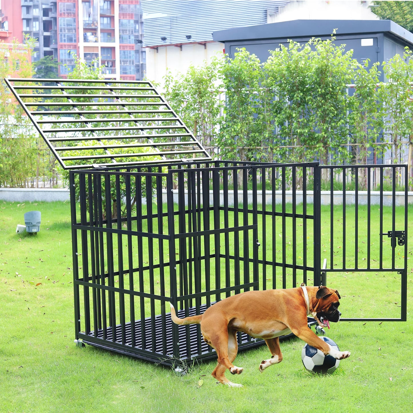 Heavy-Duty Metal Dog Crate with Removable Tray & Lockable Wheels