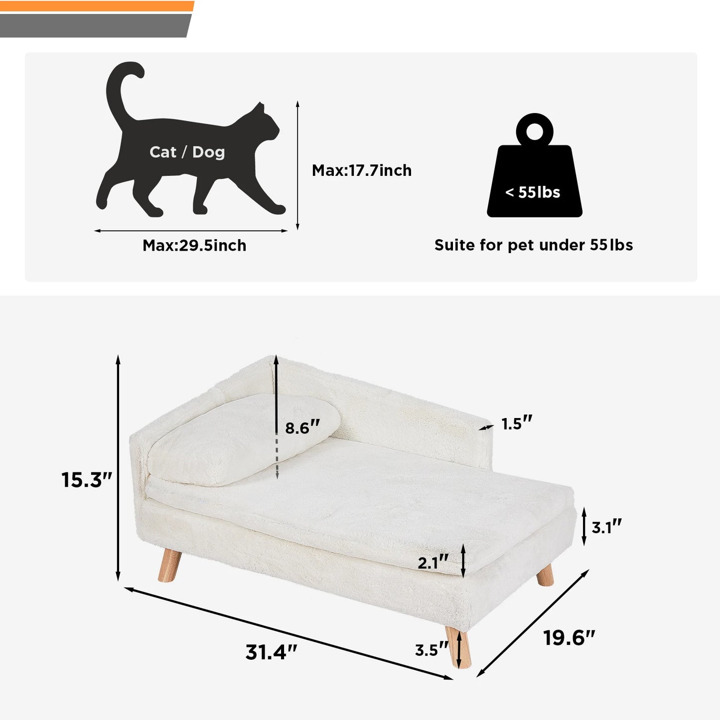 L-Shaped Dog Sofa Bed with Plush Cushion & Wooden Frame