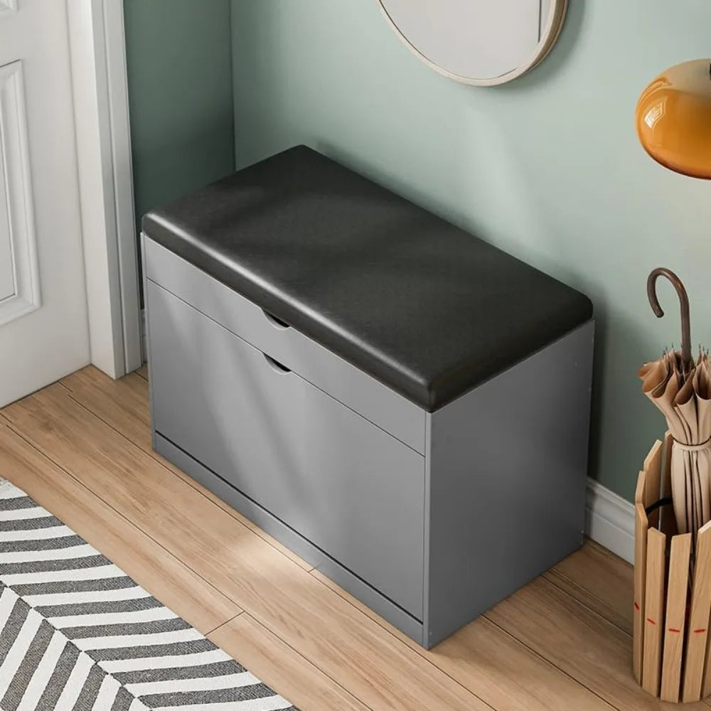 Rustic Wooden Shoe Storage Bench with Flip-Up Shelves and Cushion