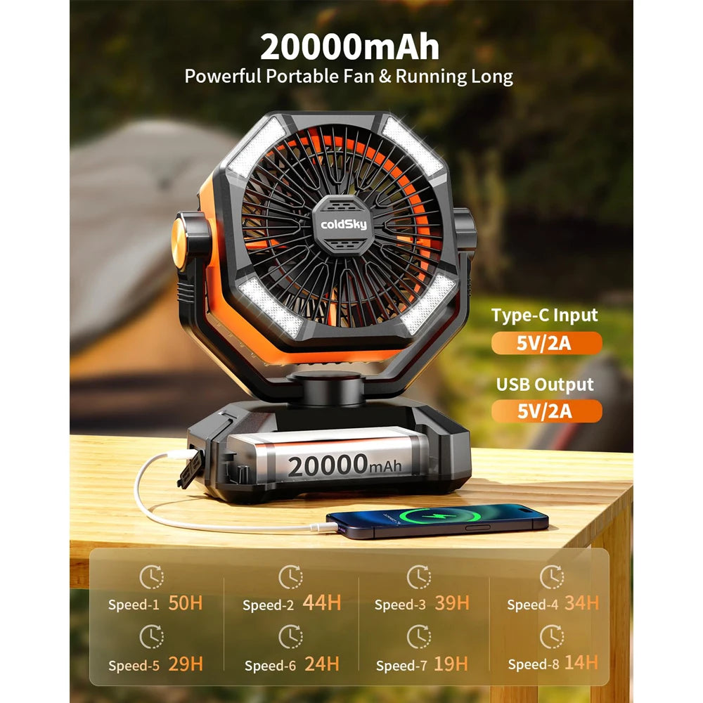 coldSky 20000mAh Portable Camping Fan with LED Lantern and 8 Speeds