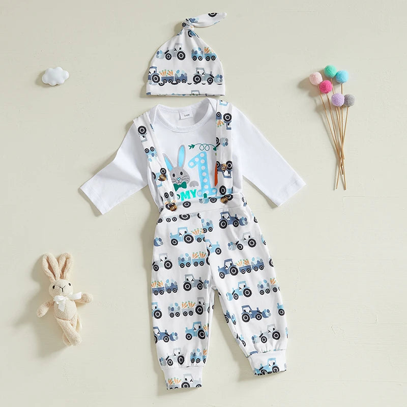 Baby Easter Outfit with Romper Suspender Pants and Hat