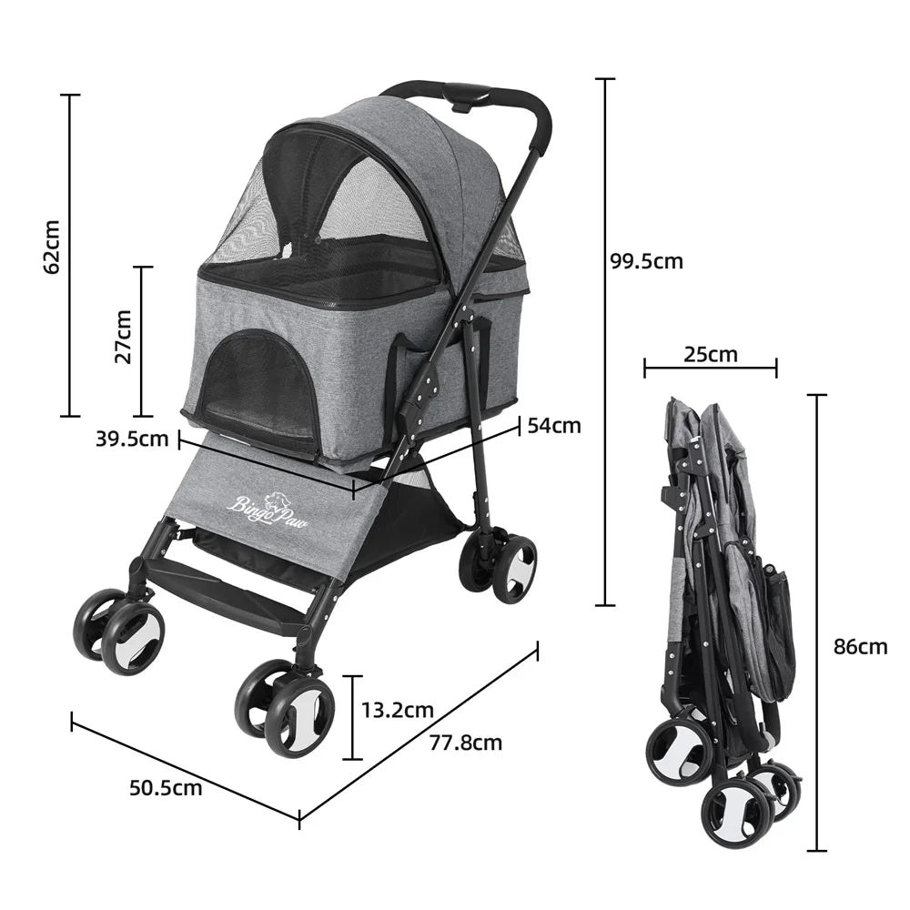 Foldable Pet Stroller for Small Dogs & Cats – 360° Wheels & Detachable Carrier