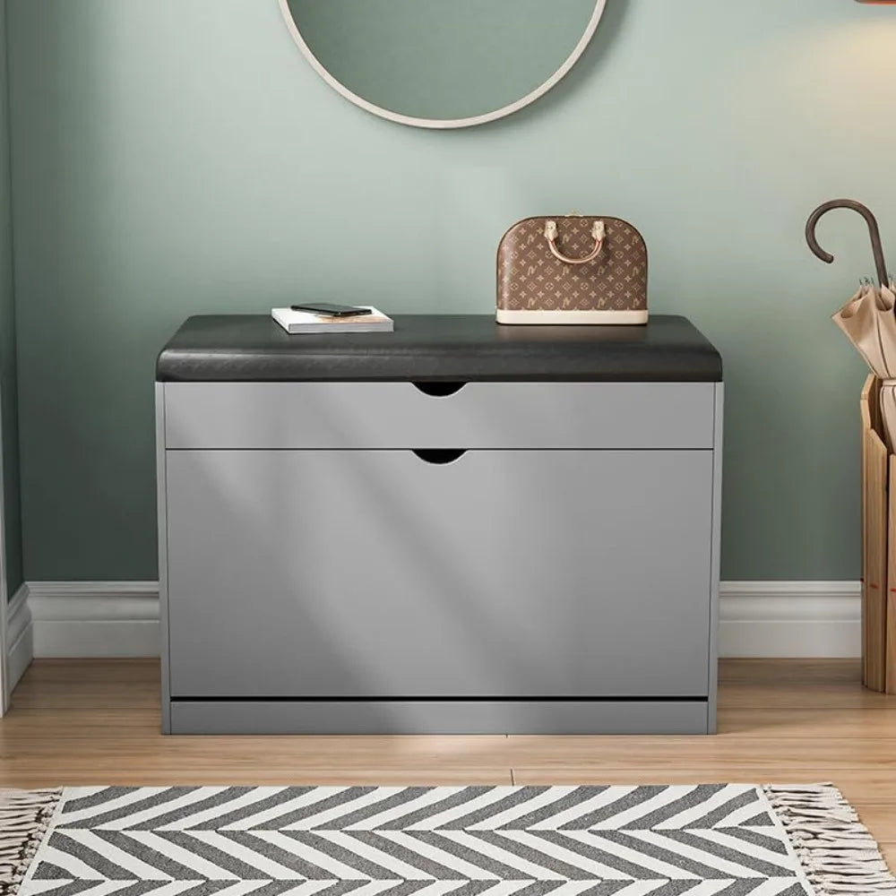 Rustic Wooden Shoe Storage Bench with Flip-Up Shelves and Cushion