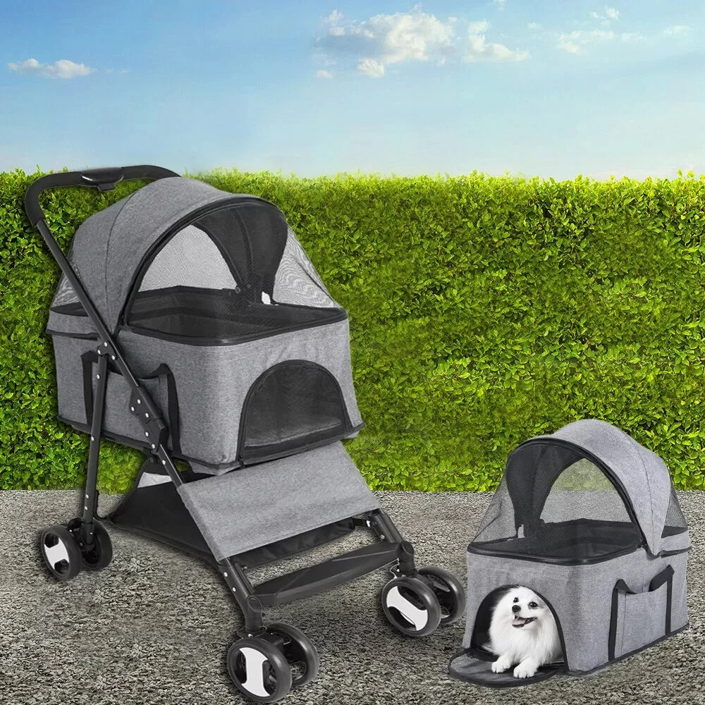 Foldable Pet Stroller for Small Dogs & Cats – 360° Wheels & Detachable Carrier