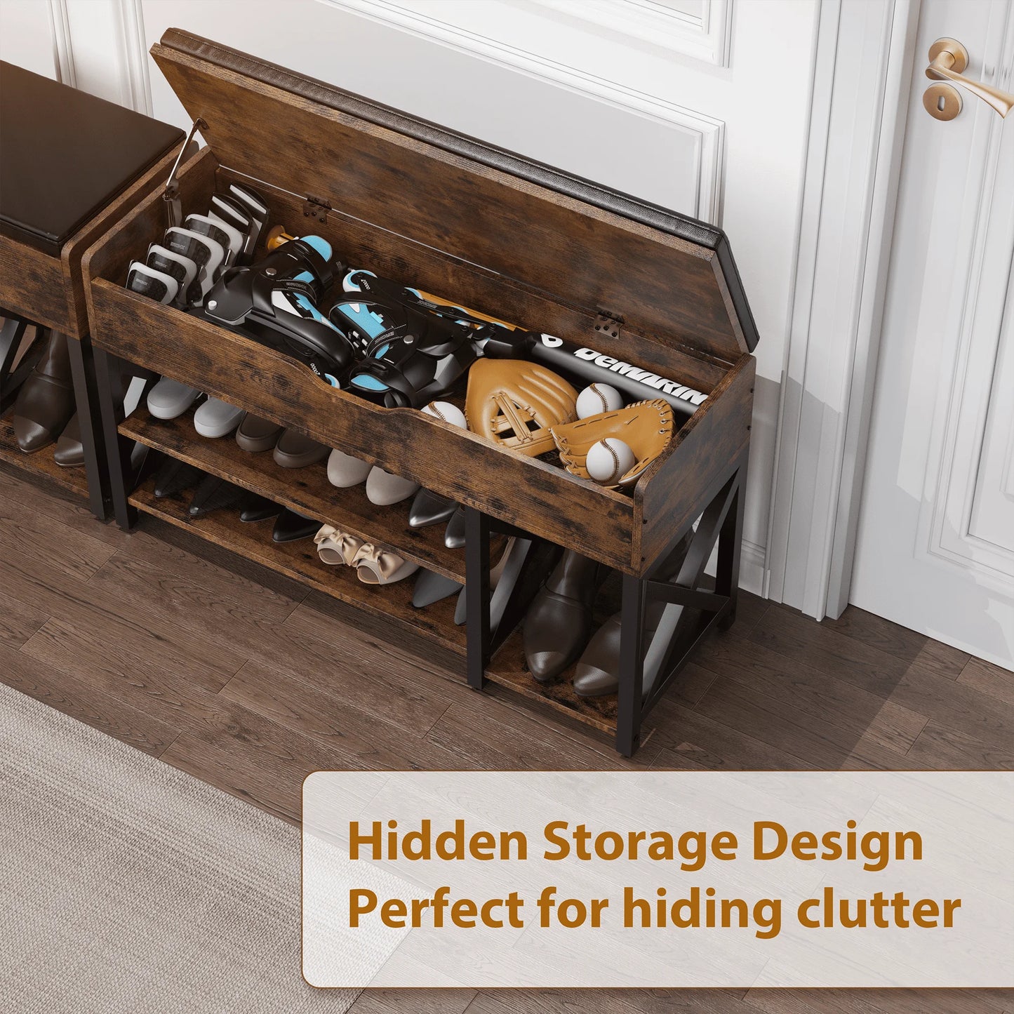 Vintage Shoe Bench with Hidden Storage and Metal Frame