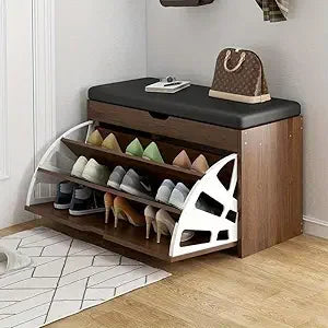 Rustic Wooden Shoe Storage Bench with Flip-Up Shelves and Cushion