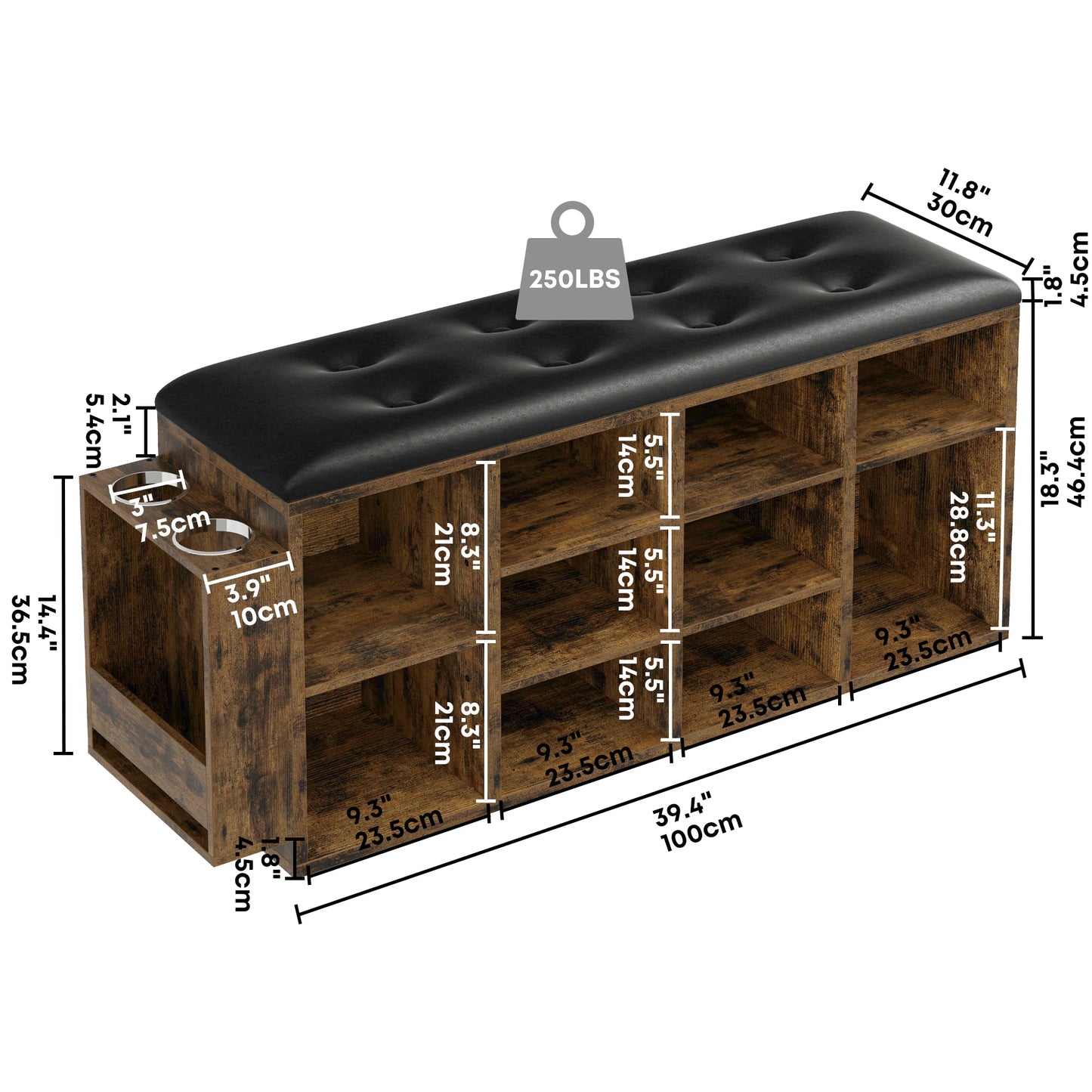 Wooden Shoe Storage Bench with 10 Cubbies and Cushion