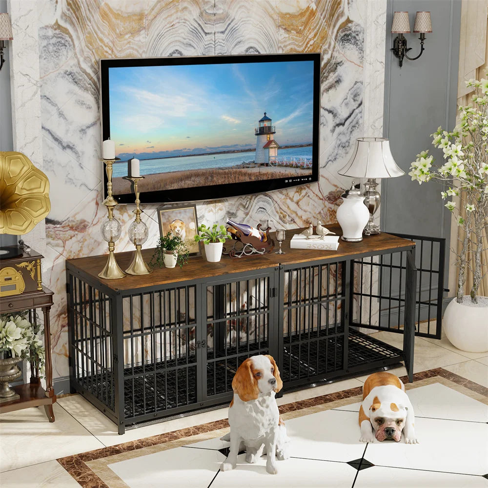 Large Wooden Dog Crate Furniture Style with Removable Tray and 3 Doors