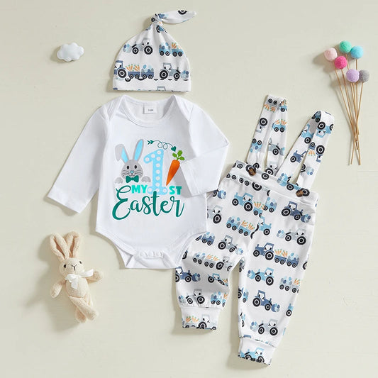 Baby Easter Outfit with Romper Suspender Pants and Hat