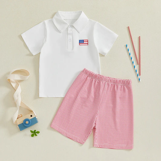 Toddler 4th of July Lapel Shirt and Plaid Shorts Set