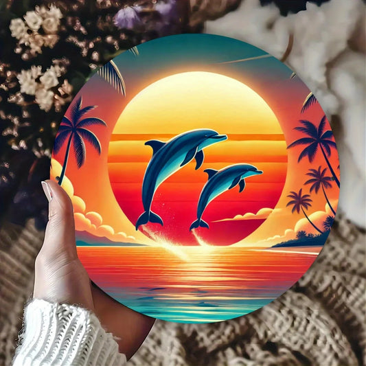 Tropical Dolphin Sunset Metal Sign