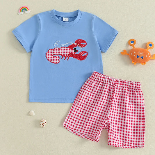 Boys Summer Lobster Embroidered T-Shirt and Shorts Set