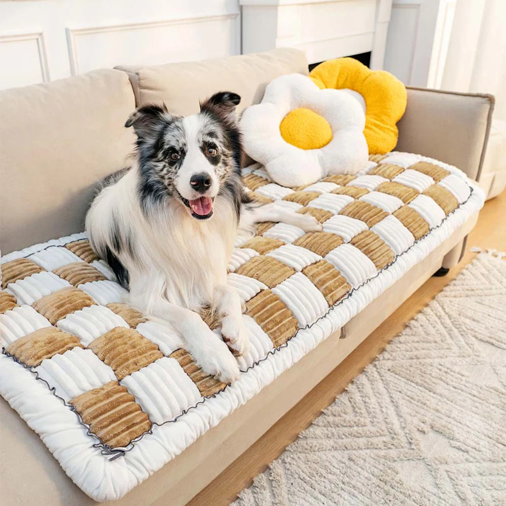 Washable Large Plaid Coral Fleece Pet Mat & Couch Cover