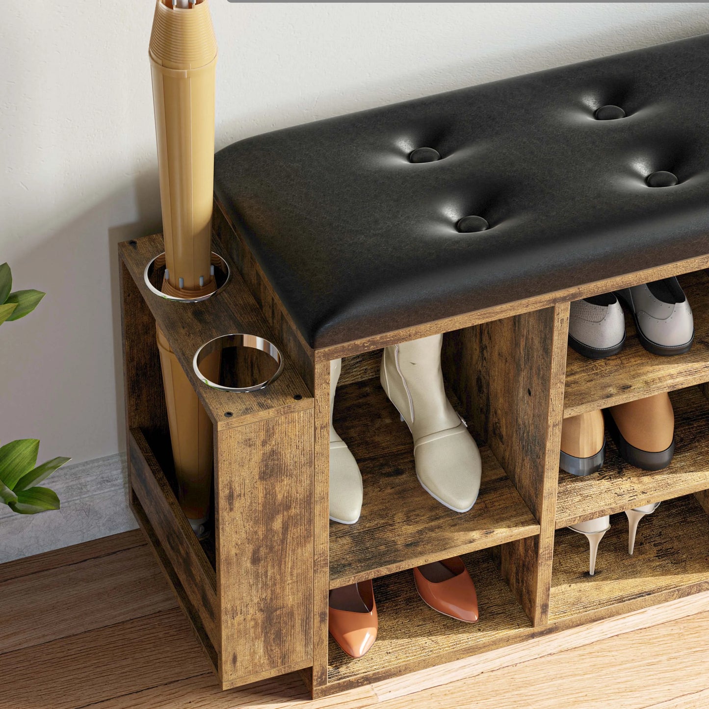 Wooden Shoe Storage Bench with 10 Cubbies and Cushion