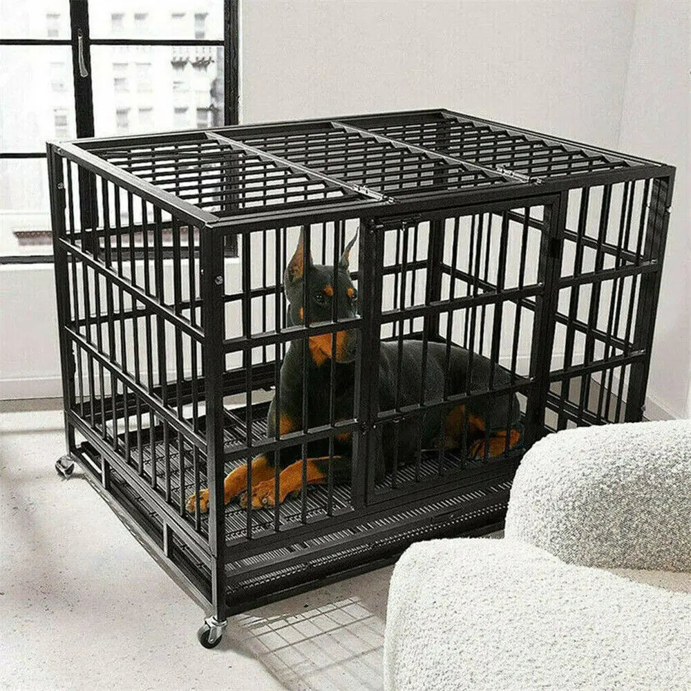Heavy-Duty Metal Dog Crate with Removable Tray & Lockable Wheels