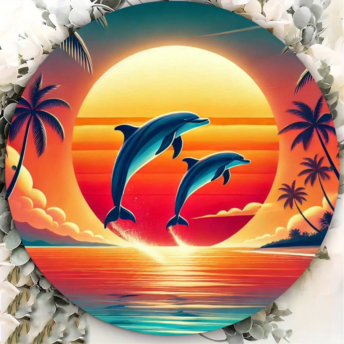 Tropical Dolphin Sunset Metal Sign