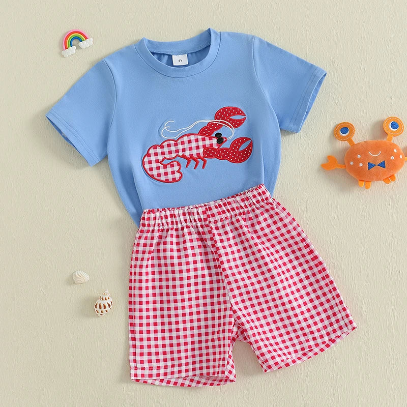 Boys Summer Lobster Embroidered T-Shirt and Shorts Set