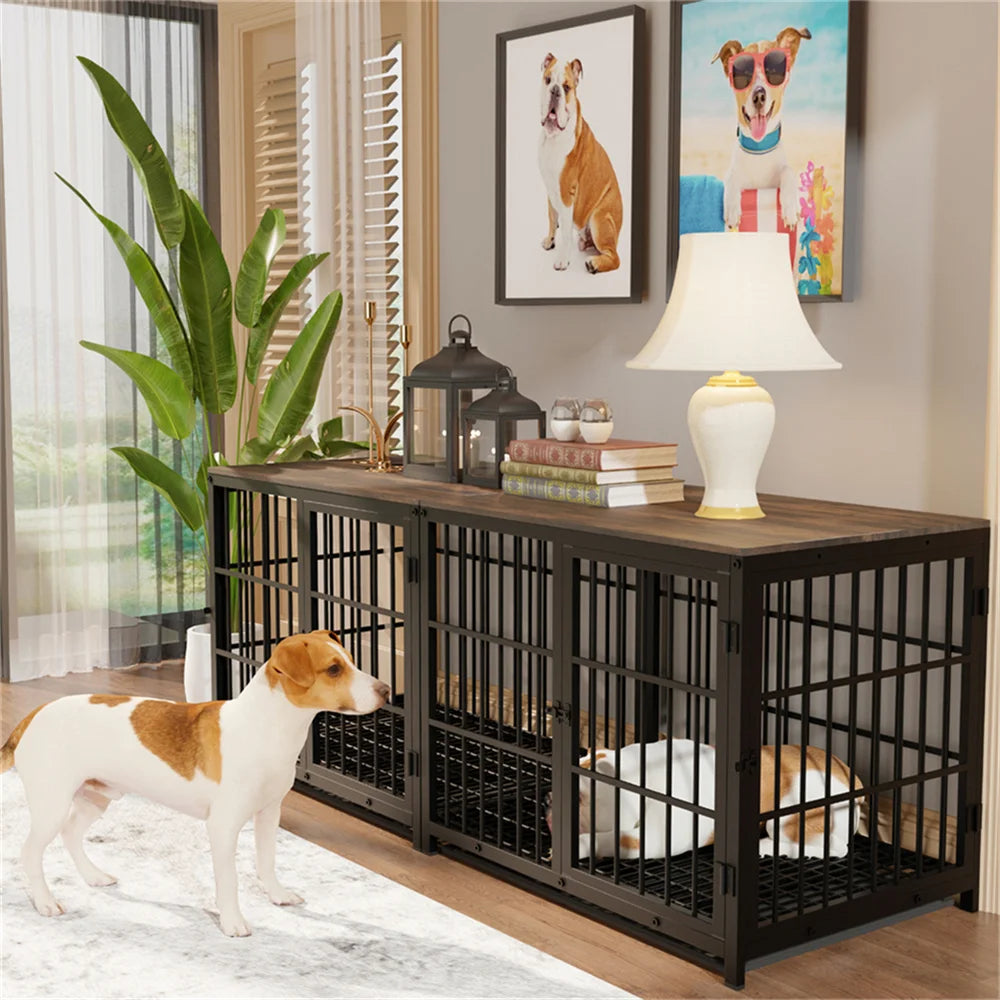 Large Wooden Dog Crate Furniture Style with Removable Tray and 3 Doors