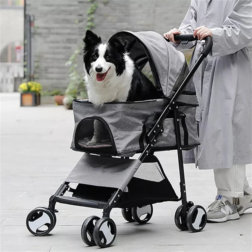 Foldable Pet Stroller for Small Dogs & Cats – 360° Wheels & Detachable Carrier