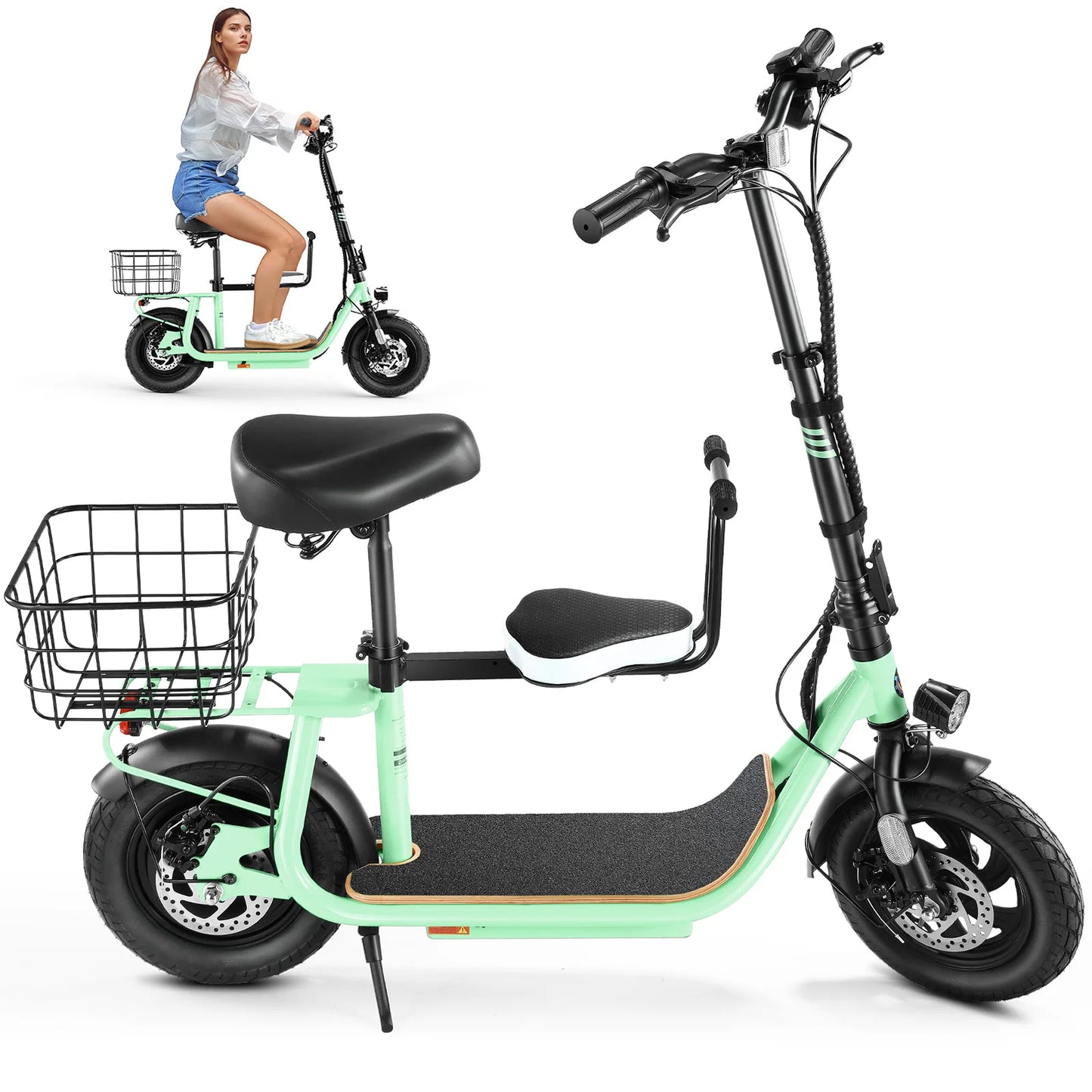Foldable Electric Scooter with Child Seat and Rear Basket