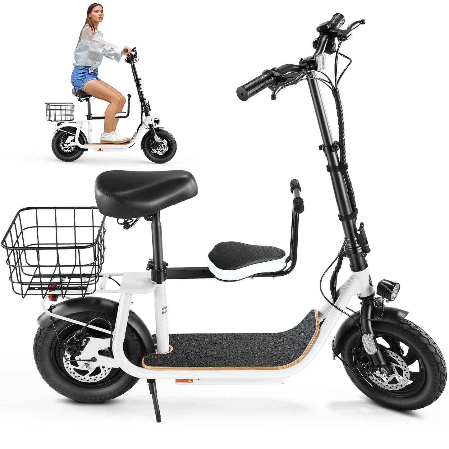 Foldable Electric Scooter with Child Seat and Rear Basket