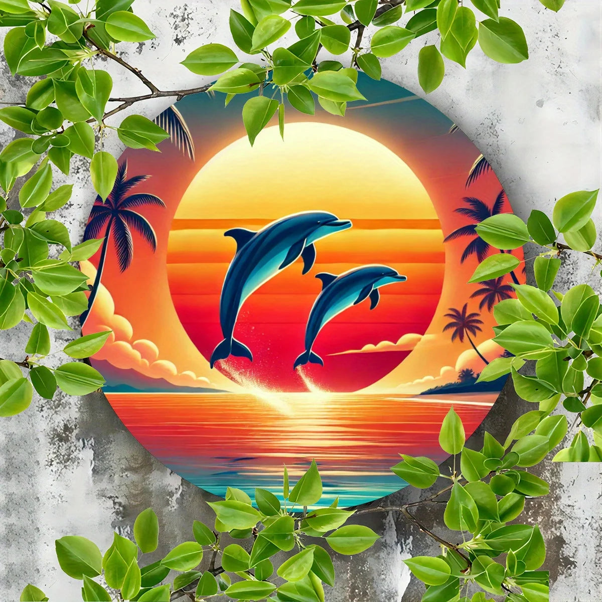 Tropical Dolphin Sunset Metal Sign