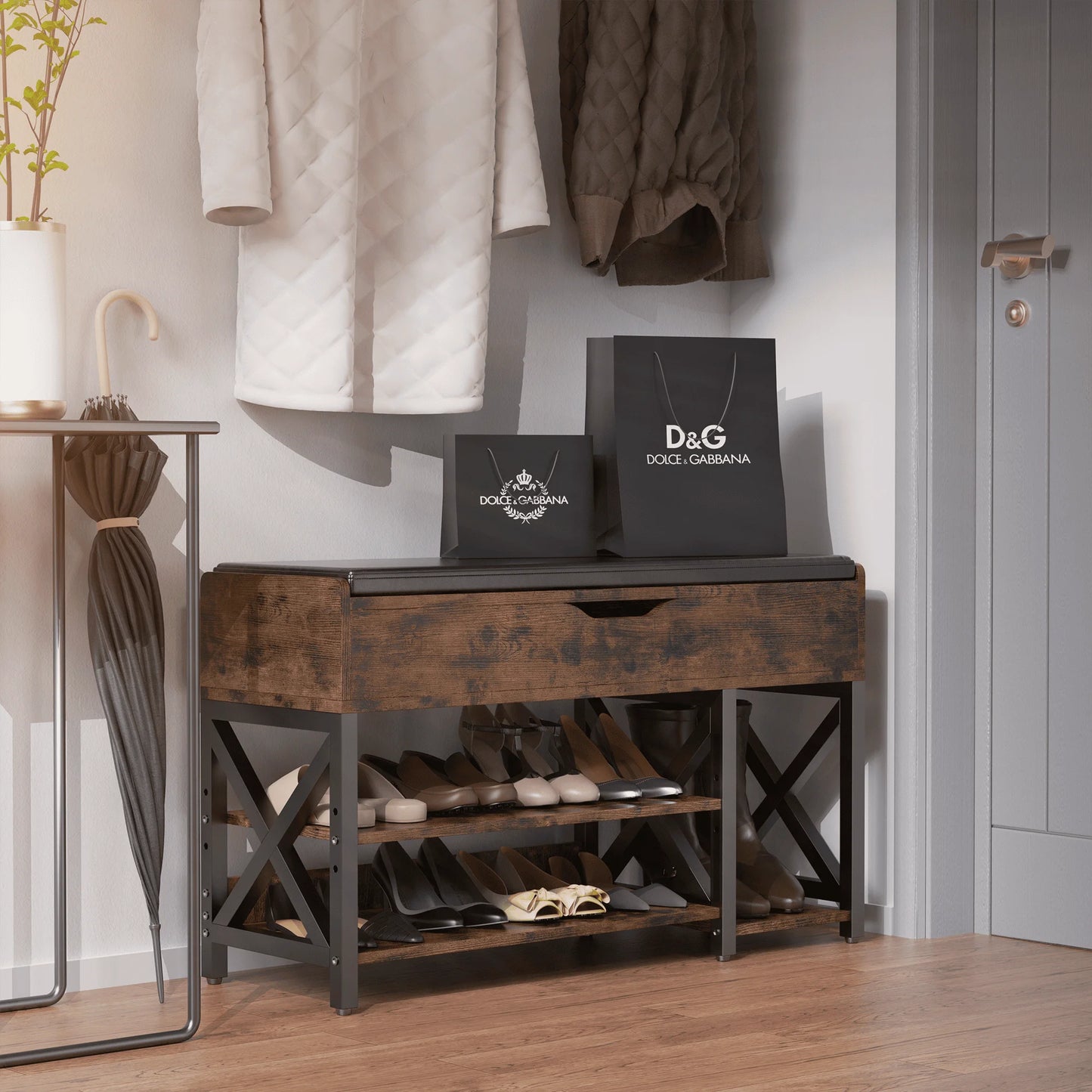 Vintage Shoe Bench with Hidden Storage and Metal Frame