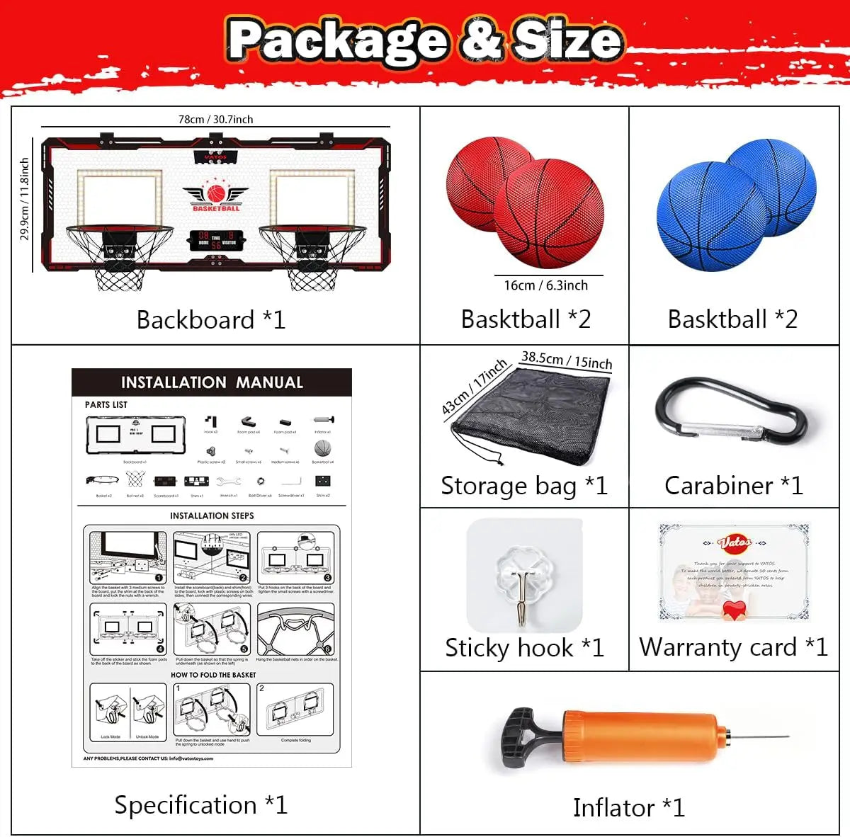 VATOS Electronic Mini Basketball Hoop Set with Scoreboard and 4 Balls