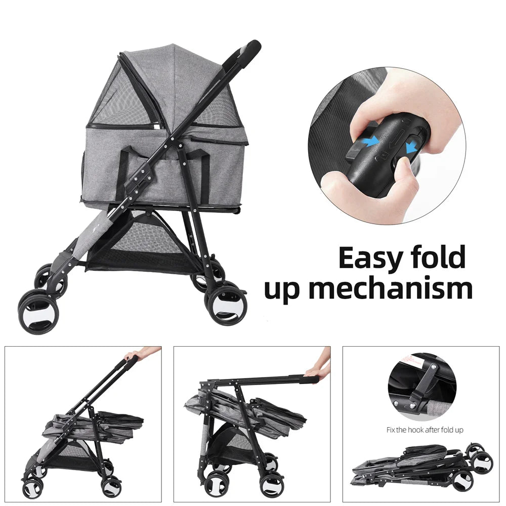 Foldable Pet Stroller for Small Dogs & Cats – 360° Wheels & Detachable Carrier