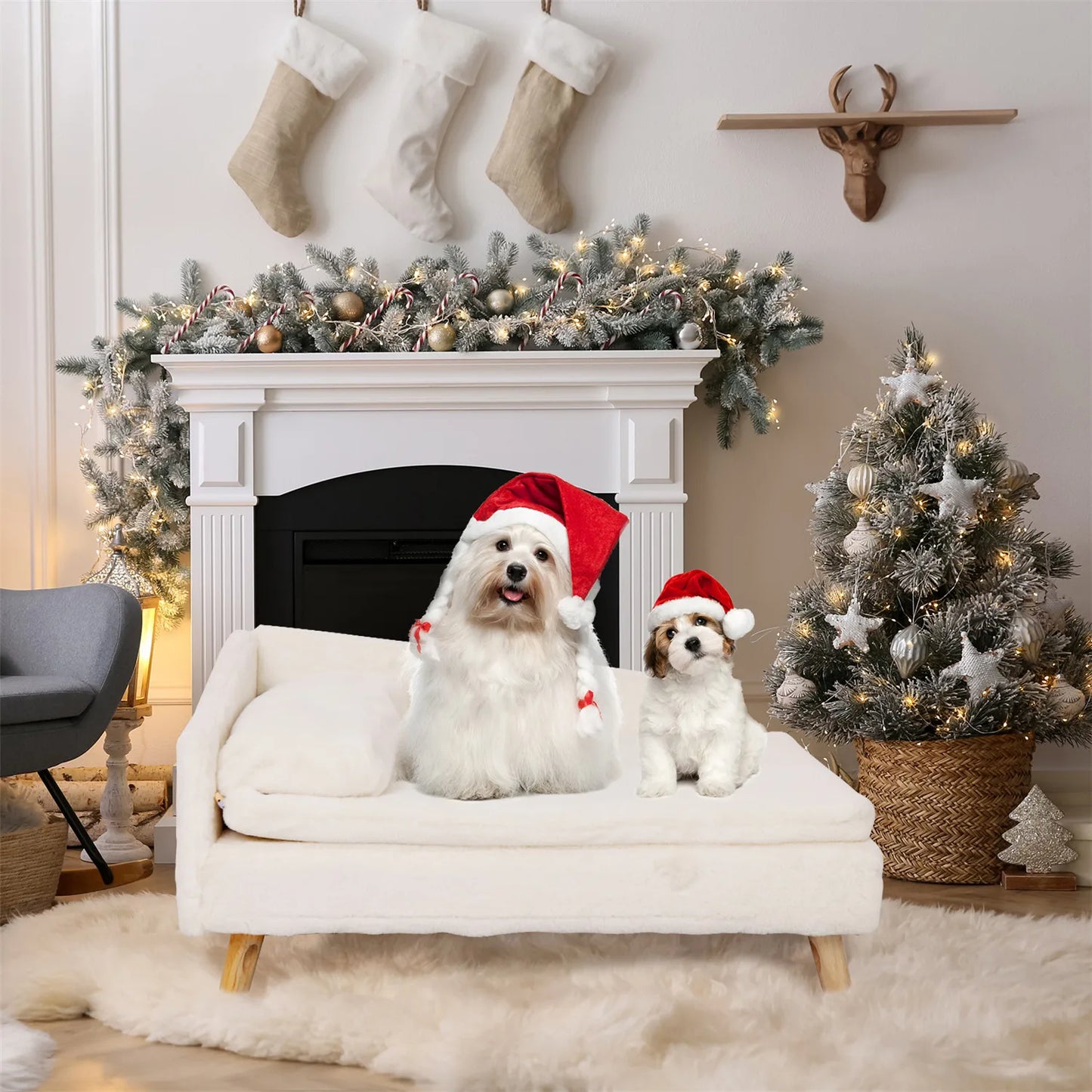 L-Shaped Dog Sofa Bed with Plush Cushion & Wooden Frame