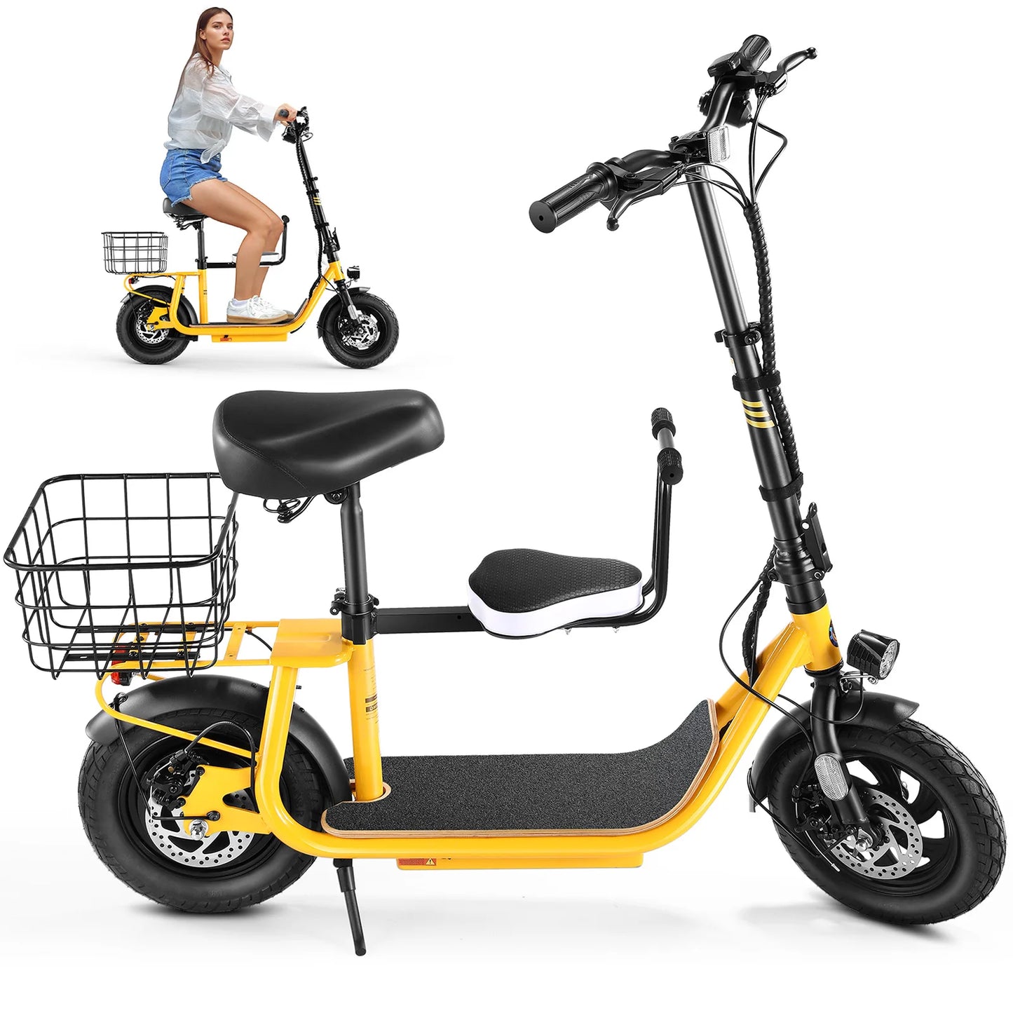Foldable Electric Scooter with Child Seat and Rear Basket