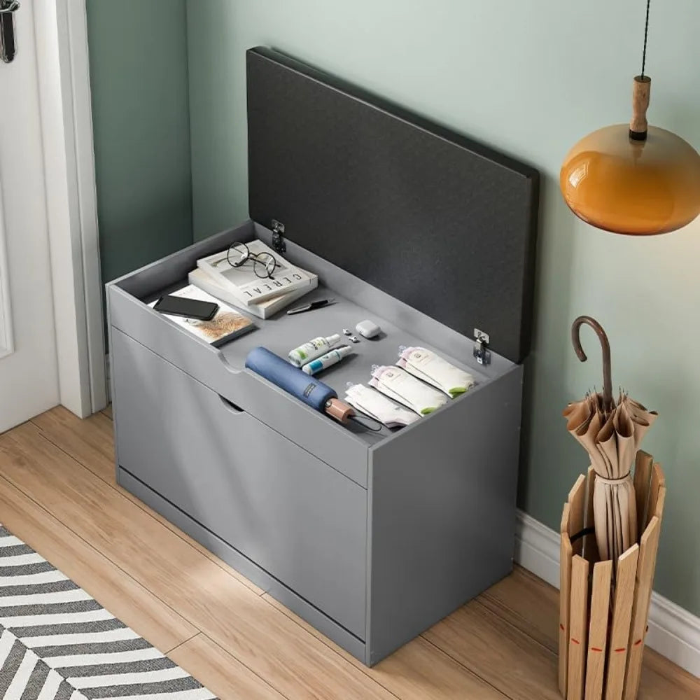 Rustic Wooden Shoe Storage Bench with Flip-Up Shelves and Cushion