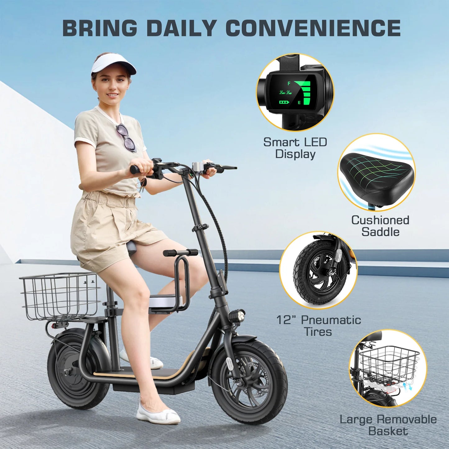 Foldable Electric Scooter with Child Seat and Rear Basket