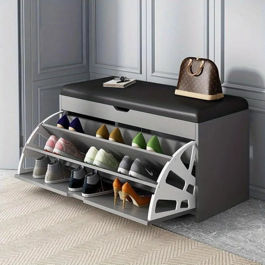 Rustic Wooden Shoe Storage Bench with Flip-Up Shelves and Cushion