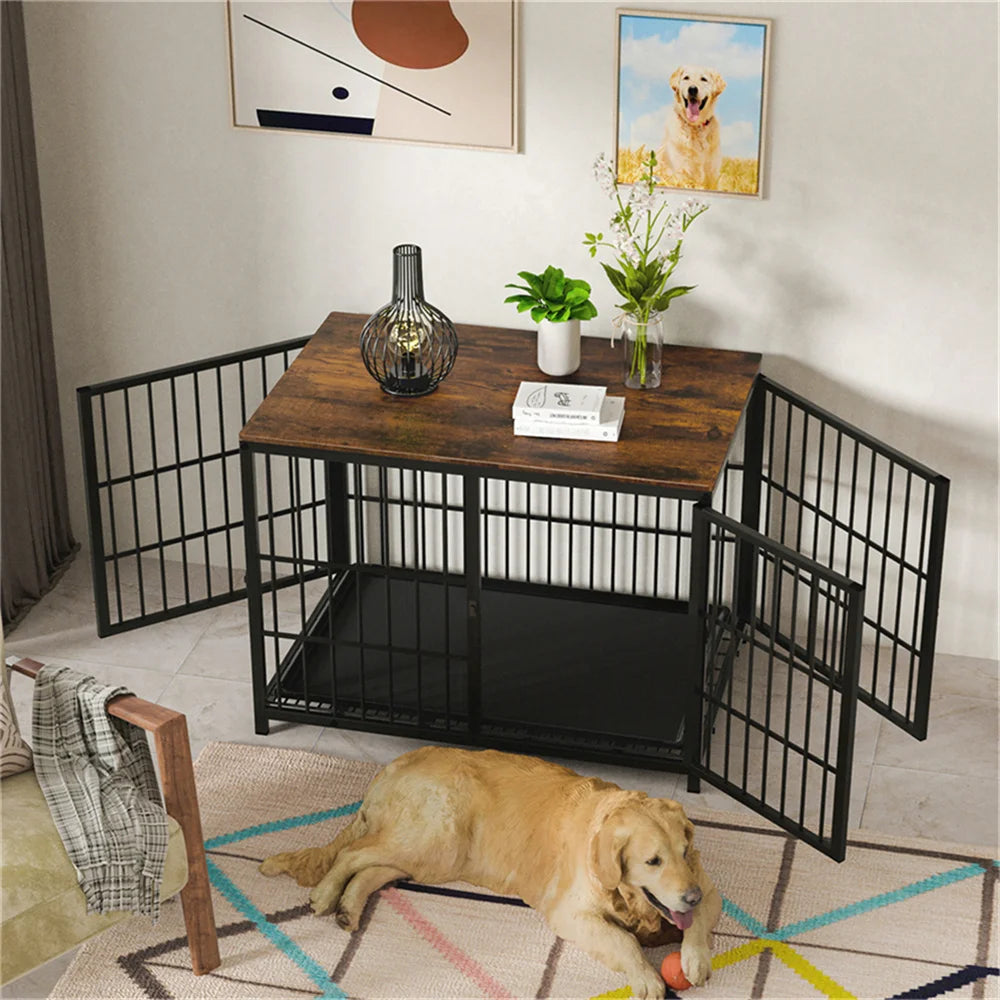 Large Wooden Dog Crate Furniture Style with Removable Tray and 3 Doors