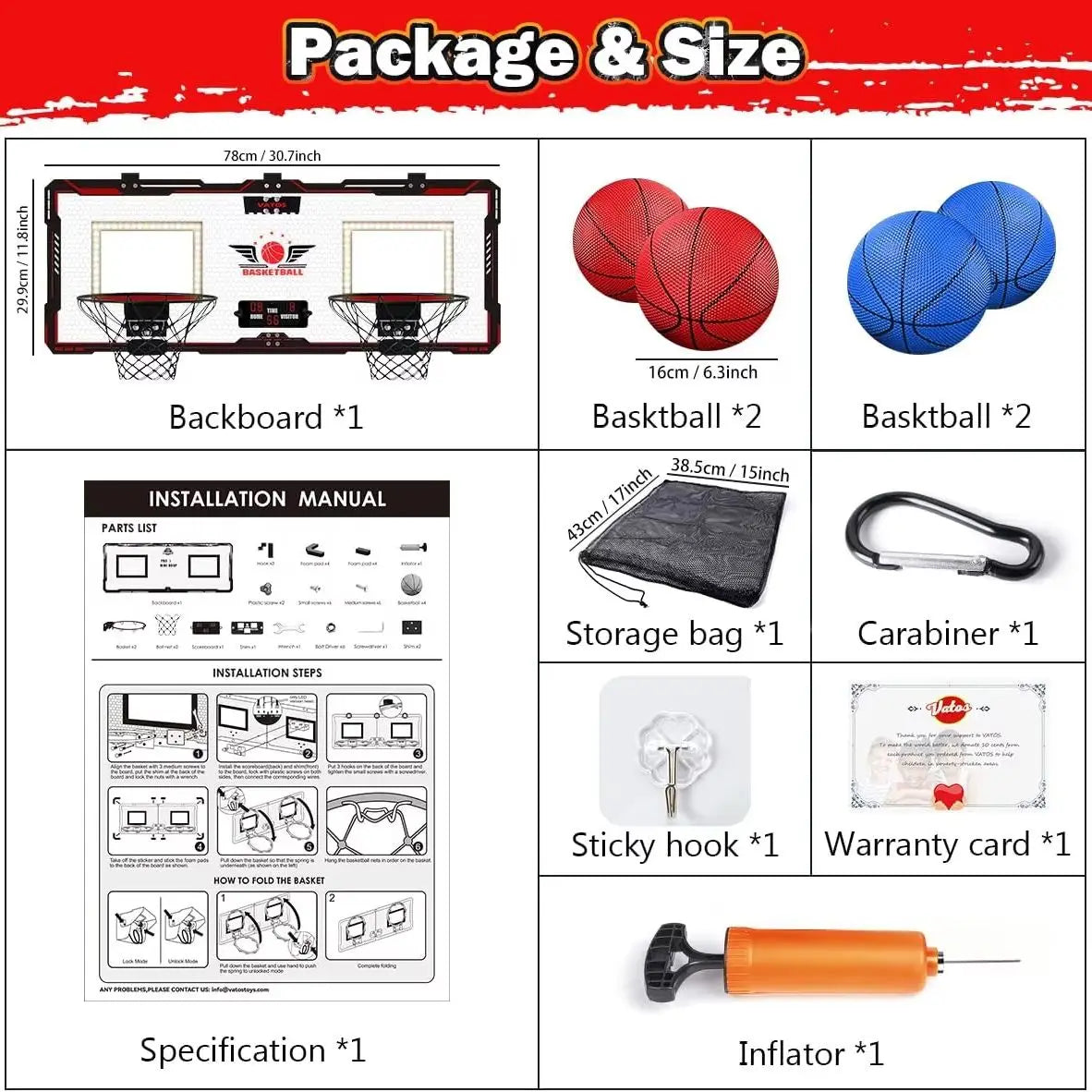 VATOS Electronic Mini Basketball Hoop Set with Scoreboard and 4 Balls
