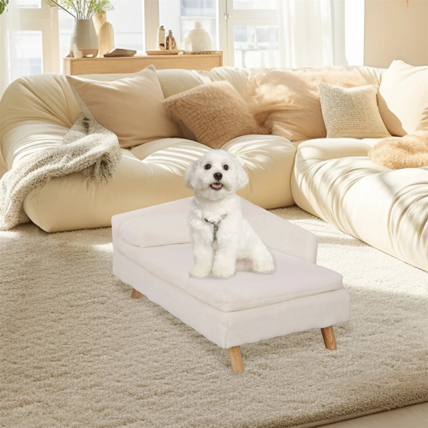 L-Shaped Dog Sofa Bed with Plush Cushion & Wooden Frame