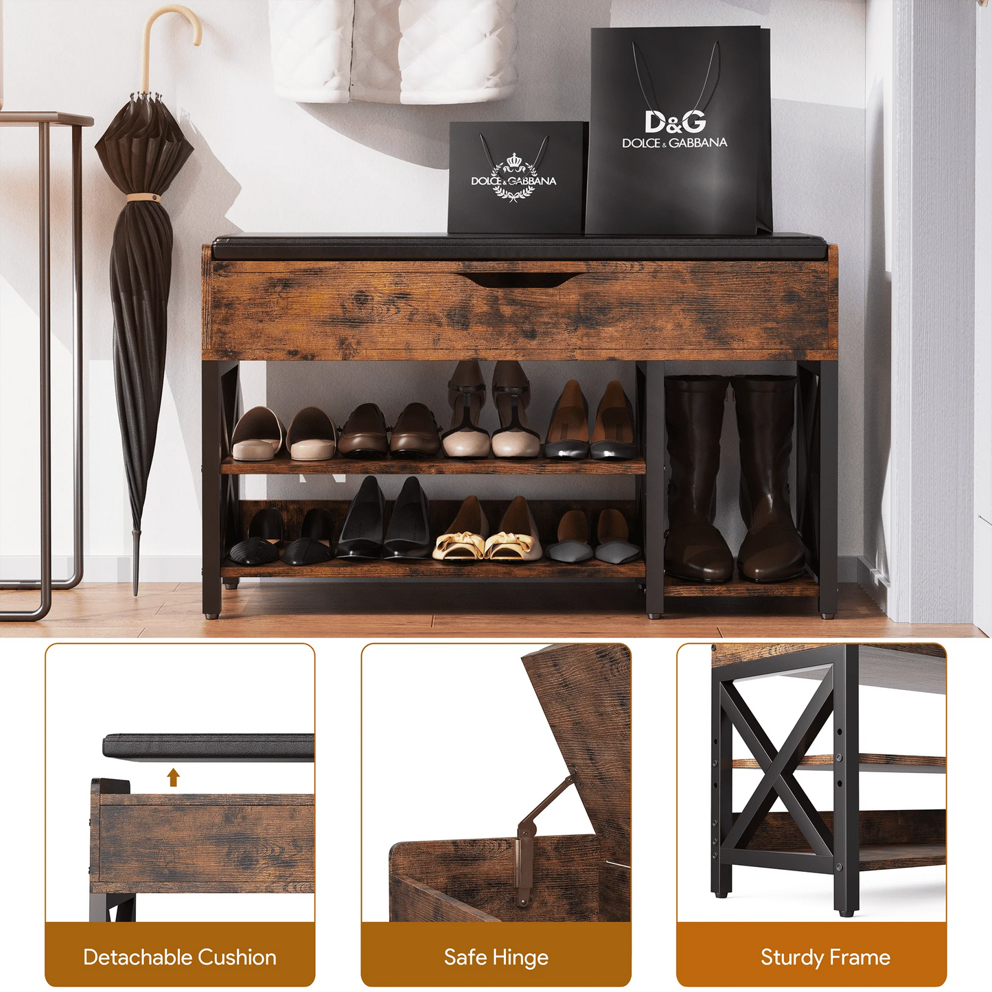 Vintage Shoe Bench with Hidden Storage and Metal Frame