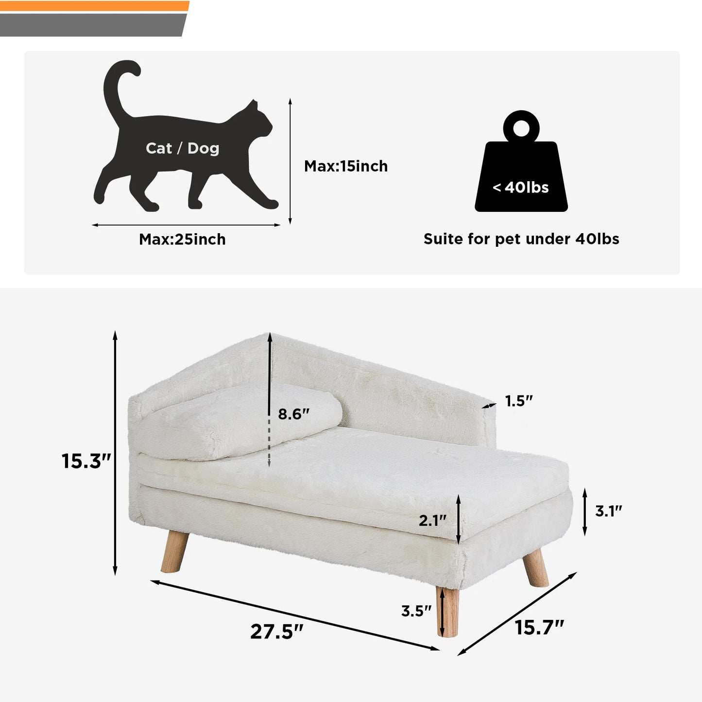 L-Shaped Dog Sofa Bed with Plush Cushion & Wooden Frame